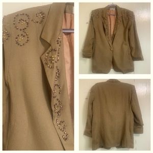 Vintage Giancarlo Ferrari Luxury Olive Linen Pearls Blazer Jacket Size Medium.